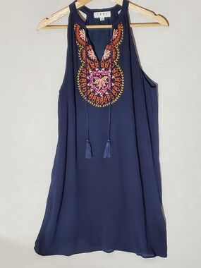 THML Navy Embroidered Halter Mini Dress Pink & Orange Accents Beach Flowy Light